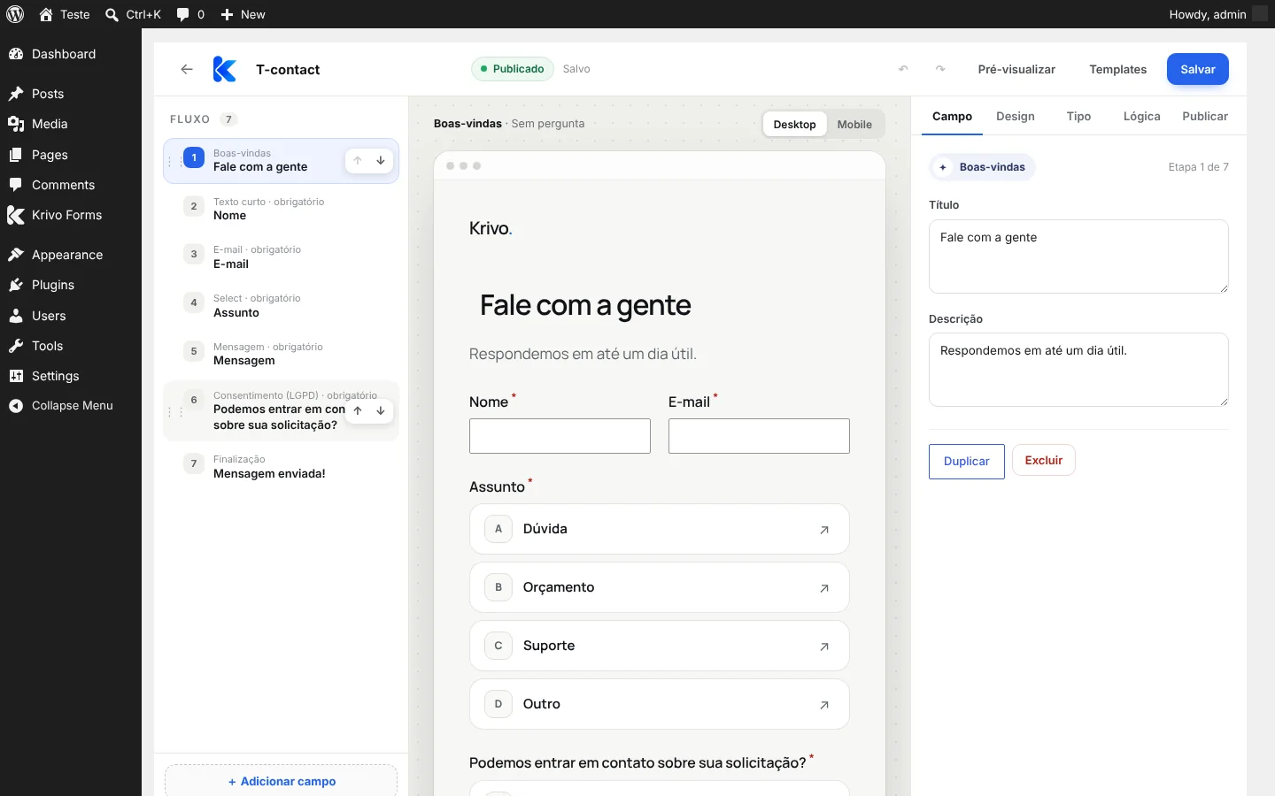Editor visual do Krivo Forms com lista de campos, preview e painel de configurações
