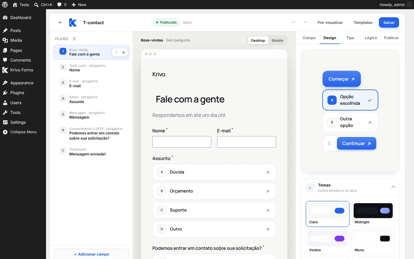 Painel de Design com temas prontos e salvos
