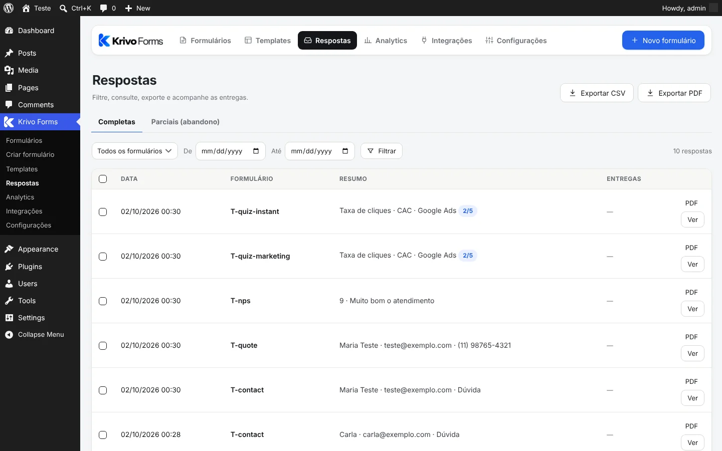 Lista de respostas com abas Completas e Parciais e exportação CSV e PDF