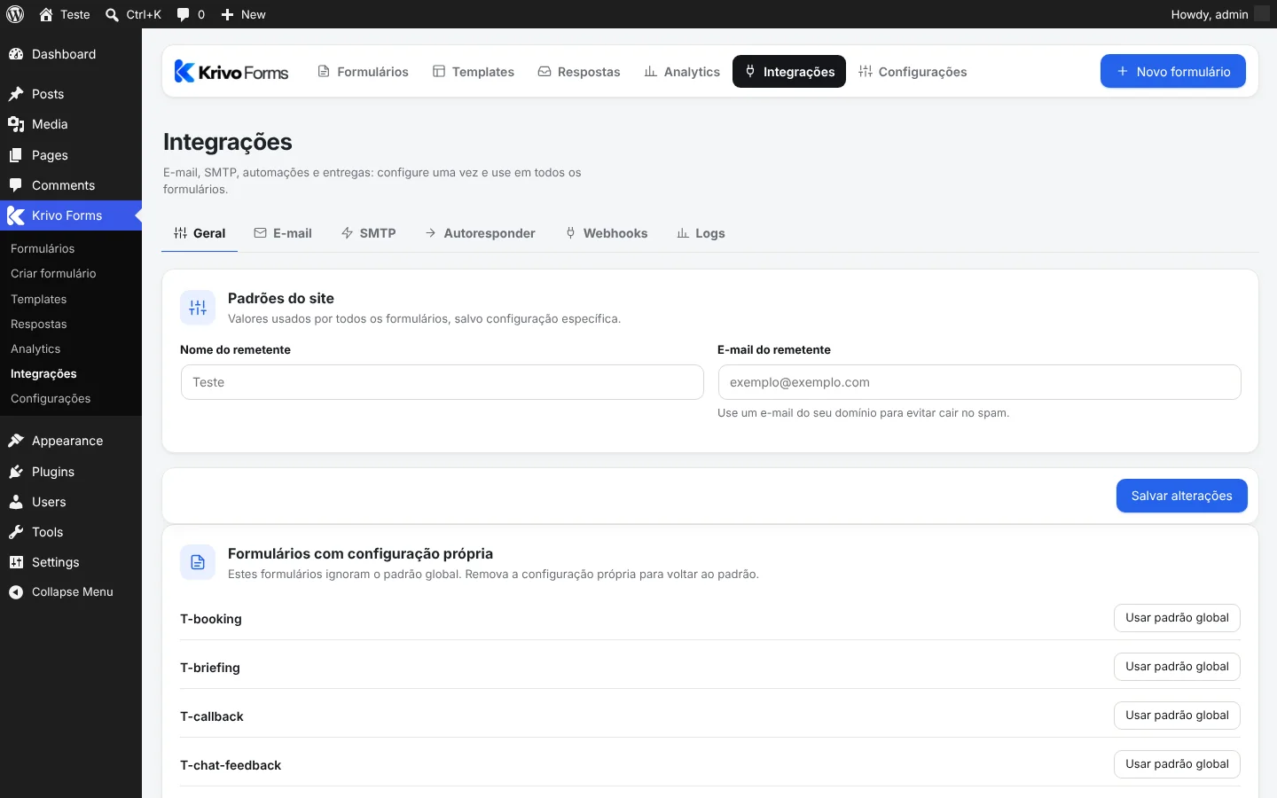 Tela de integrações com abas de e-mail, SMTP, webhooks, HubSpot, Sheets, WhatsApp e RD Station